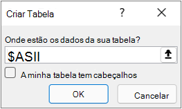 Caixa de diálogo A Partir de uma Tabela