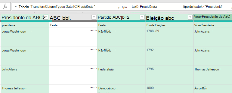 Selecionar colunas para incluir no tipo de dados