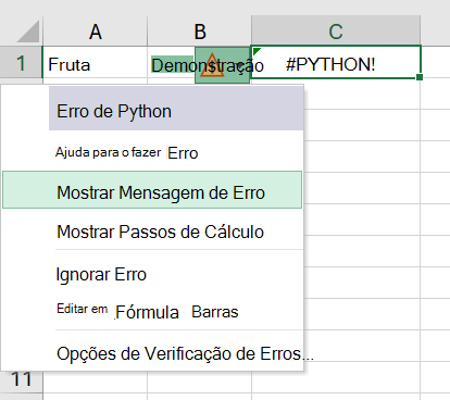 Um erro numa célula do Python no Excel com o menu de erros aberto.