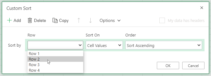 O menu pendente da linha na caixa de diálogo da ordenação personalizada está aberto ao selecionar 