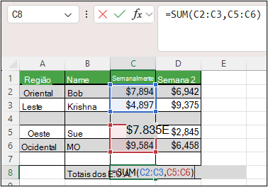 Captura de ecrã do Excel a mostrar a função SOMA com intervalos não contíguos na célula C8: =SOMA(C2:C3;C5:C6).