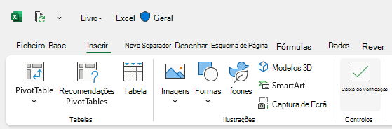 O botão Inserir Caixa de Verificação no separador Inserir