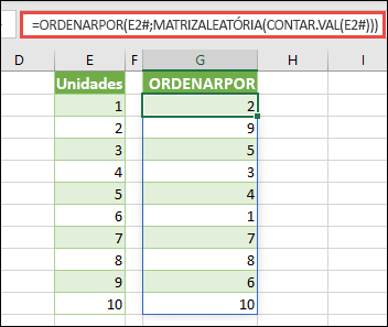 Utilize ORDENARPOR com MATRIZALEATÓRIA e CONTAR.VAL. Neste caso, E2# referencia o intervalo completo, a começar na célula E2, uma vez que esta foi preenchida através de =SEQUÊNCIA(10). O sinal # é denominado operador de intervalo transposto.