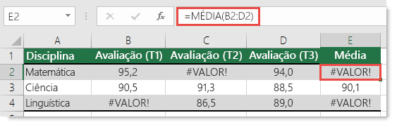 Erro #VALOR! na função MÉDIA