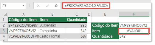 Captura de ecrã que mostra o seu #VALUE! é apresentado quando col_index_argument é inferior a 1