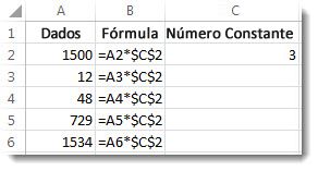 Números na coluna A, fórmula na coluna B com símbolos $ e número 3 na coluna C