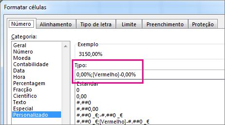 Formatação personalizada para apresentar percentagens negativas a vermelho