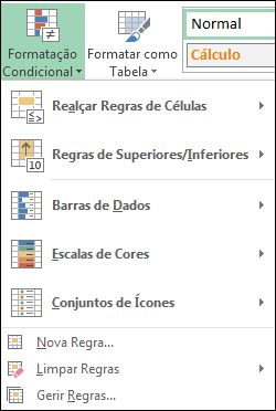 Menu Formatação Condicional com Gerir Regras realçado
