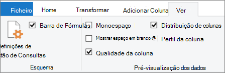 Opções de Criação de Perfis de Dados no separador Ver do friso Editor do Power Query