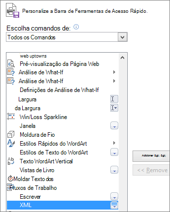 Na lista de comandos, selecione XML e, em seguida, clique em Adicionar.