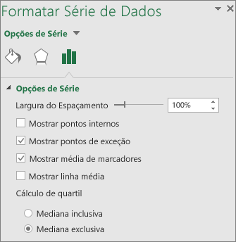 Formatar o painel de tarefas da Série de Dados a mostrar as opções de um gráfico Caixa e Whisker no Office 2016 para Windows