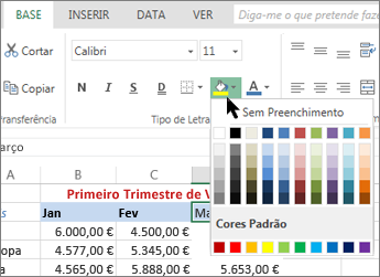 o botão de preenchimento e opções no Friso