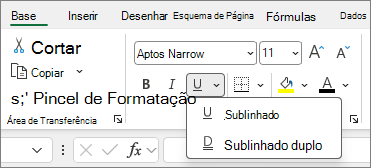 Captura de ecrã a mostrar o grupo Tipo de Letra de botões para utilizar com alteração do estilo do tipo de letra numa célula.