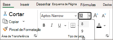 Captura de ecrã da lista pendente Escolha outro tamanho de tipo de letra.