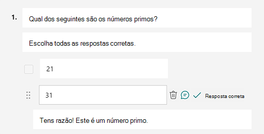 Mensagem de resposta correta personalizada no Microsoft Forms