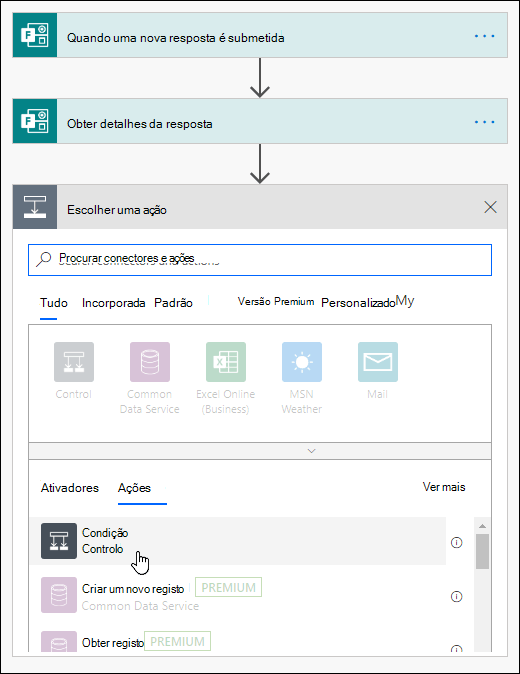 Escolher a condição como uma ação no Power Automate