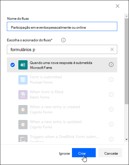 Escolher o acionador de fluxos no Power Automate