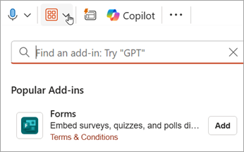 Selecione Add-Ins > Formulários > Adicionar para adicionar o Suplemento Formulários ao PowerPoint