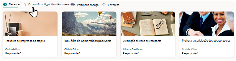 Captura de ecrã a mostrar onde pode encontrar os formulários no Microsoft Forms.
