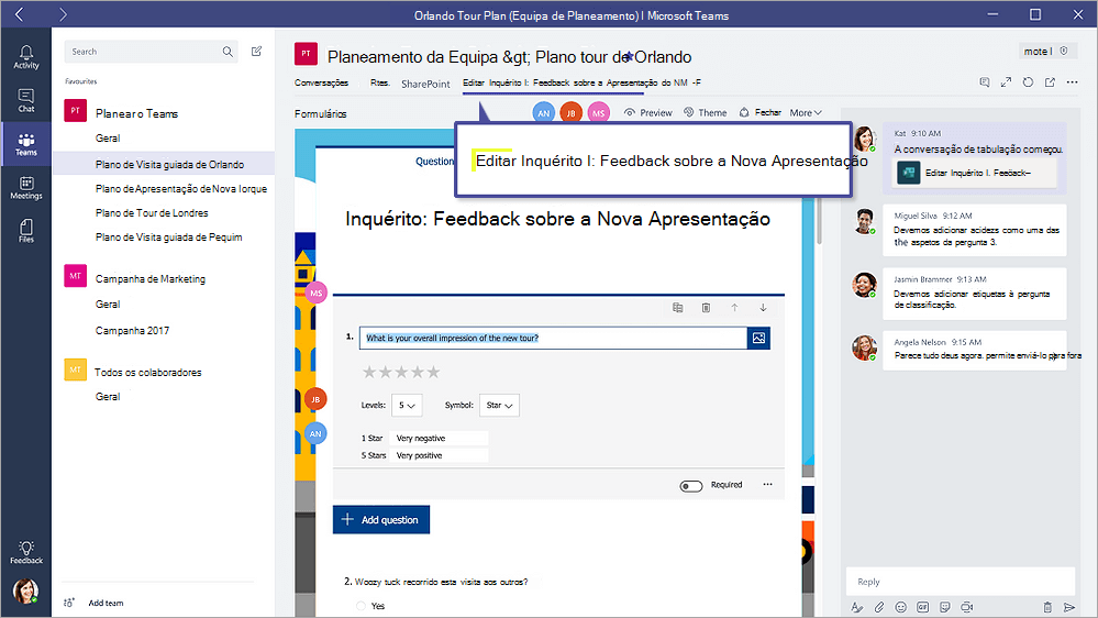 Captura de ecrã a mostrar o separador Formulários no Microsoft Teams que mostra um formulário no Modo de edição