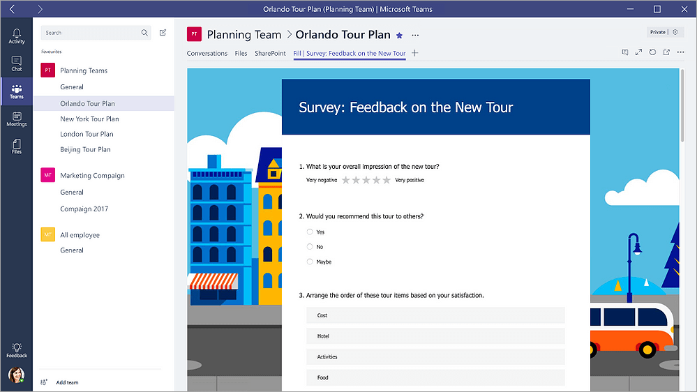 Separador Formulários no Microsoft Teams que mostra um formulário no modo de Preenchimento