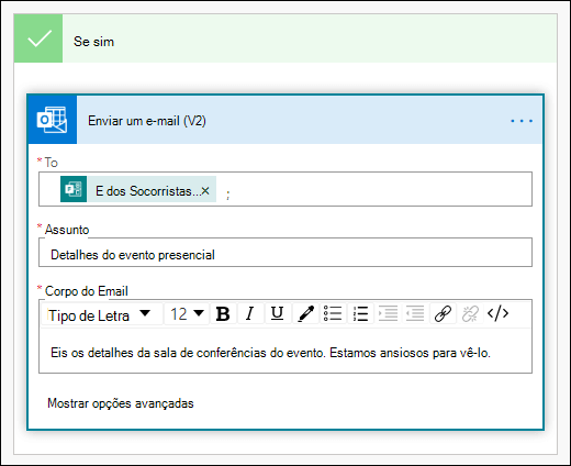 Adicionar pessoas, uma linha de assunto e corpo de texto no seu e-mail como uma ação no Power Automate