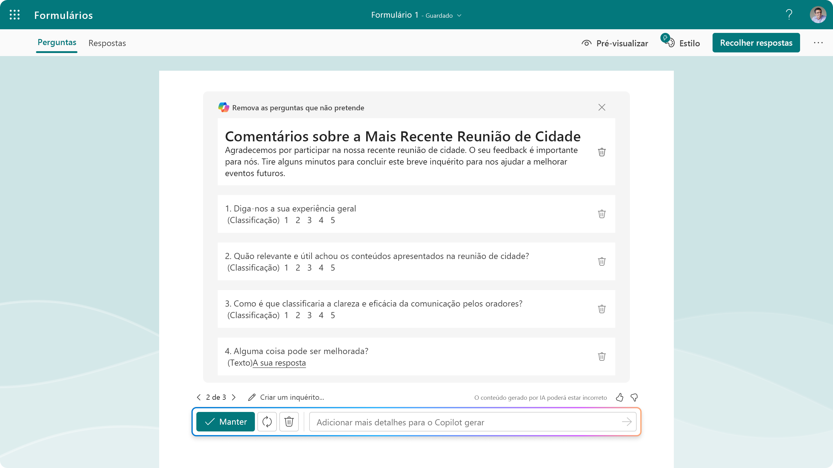 Captura de ecrã a mostrar as perguntas sugeridas para o Copilot no Forms