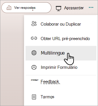 Captura de ecrã a mostrar a funcionalidade Multilingue para adicionar idiomas a um formulário ou questionário da Microsoft.