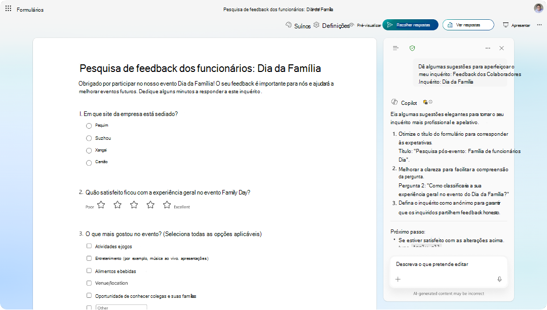 Captura de ecrã do formulário de Inquérito de Feedback dos Colaboradores com o painel de sugestões do Copilot a oferecer melhorias.