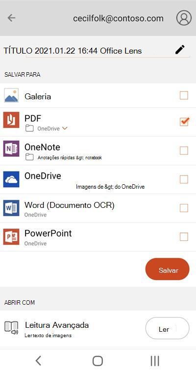 Captura de ecrã a partir do Microsoft Lens num telemóvel Android