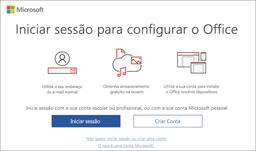 Mostra a página Iniciar sessão para configurar o Office que pode aparecer depois de instalar o Office