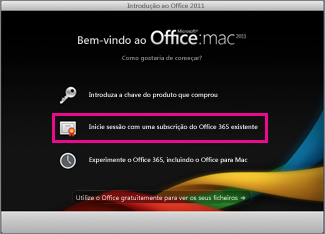 Página inicial de instalação do Office para Mac onde inicia sessão numa subscrição existente do Office 365.