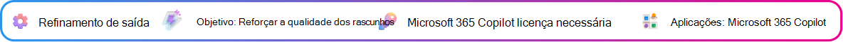 Cartão de contexto de refinamento de saída focado em melhorar um rascunho de proposta gerado pelo Copilot. Objetivo: Refinar o rascunho da proposta. Microsoft Copilot licença necessária. Aplicação: Microsoft Copilot.