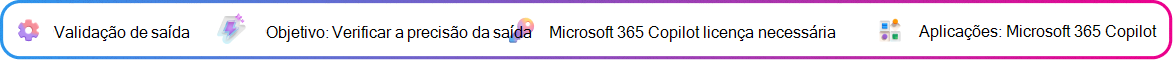 Cartão de contexto de validação de saída focado em validar um resumo de decisão gerado pelo Copilot antes de agir sobre ele. Objetivo: Confirmar a breve precisão. Microsoft Copilot licença necessária. Aplicação: Microsoft Copilot.