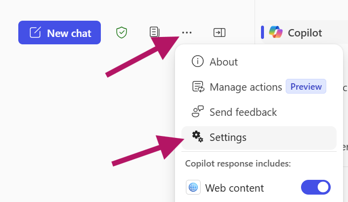O menu Chats copilot e muito mais expandido e uma seta a apontar para Definições.