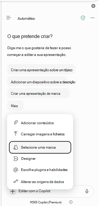 Captura de ecrã que mostra o ponto de entrada Selecionar marca no Copilot do PowerPoint.