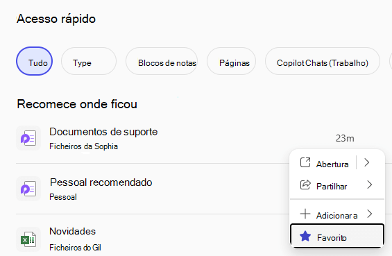O painel de Acesso Rápido a mostrar ficheiros recentes e um botão Favorito