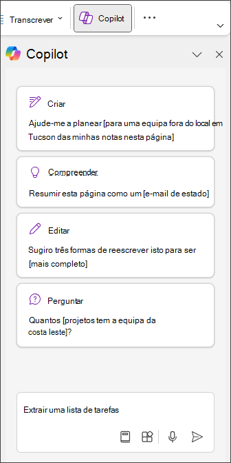 Escreva Lista de Ações a Fazer no painel Copilot no OneNote