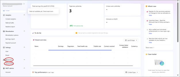 MsN Partner Hub com recursos e contratos num círculo no menu de navegação esquerdo para indicar onde encontrar contratos e contratos.