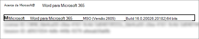 Captura de ecrã a mostrar a versão Word, a versão de criação e a versão de bits.