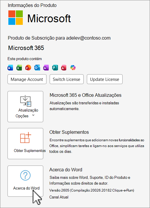 Captura de ecrã a mostrar a vista de versão do Office 365.