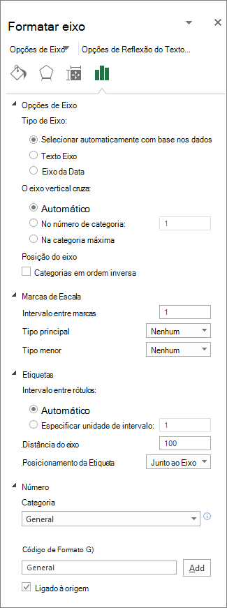 Painel Formatar Eixo com definições de marca de escala e etiqueta