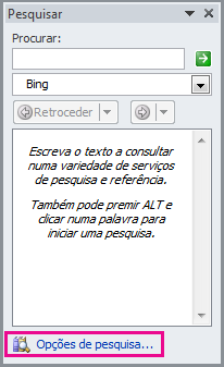 Painel Pesquisa com as opções Pesquisa realçadas