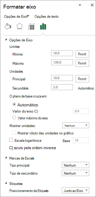 Painel Formatar Eixo com limites, unidades e definições de etiqueta