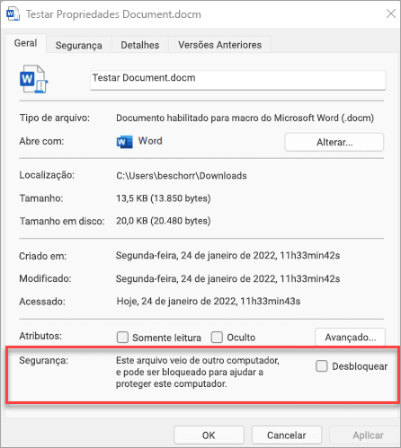 Nas propriedades do ficheiro, junto à parte inferior do separador Geral, encontra-se uma secção Segurança com uma caixa de verificação para desbloquear o ficheiro.