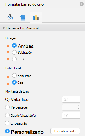 Painel Formatar Barras de Erro com a opção Personalizada selecionada