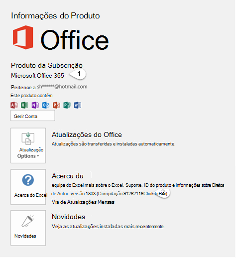 Página da conta que inclui informações sobre o utilizador e o produto