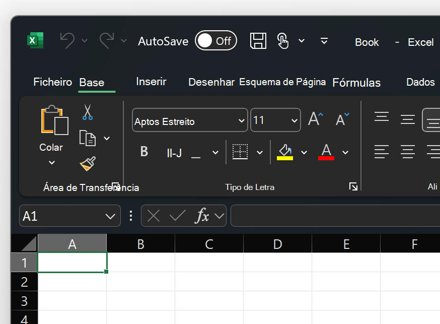 Uma captura de ecrã do canto superior esquerdo do tema Excel em Preto.