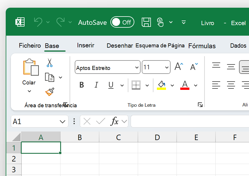 Uma captura de ecrã do canto superior esquerdo do Excel no Tema Colorido