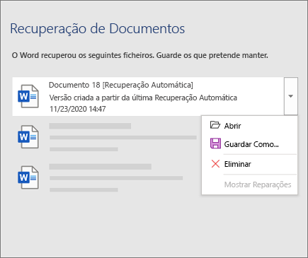 Ficheiro Recuperado Automaticamente listado no painel de Recuperação